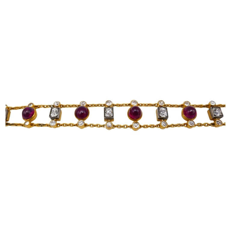 Antique Ruby Diamond Gold Chain Bracelet - 2