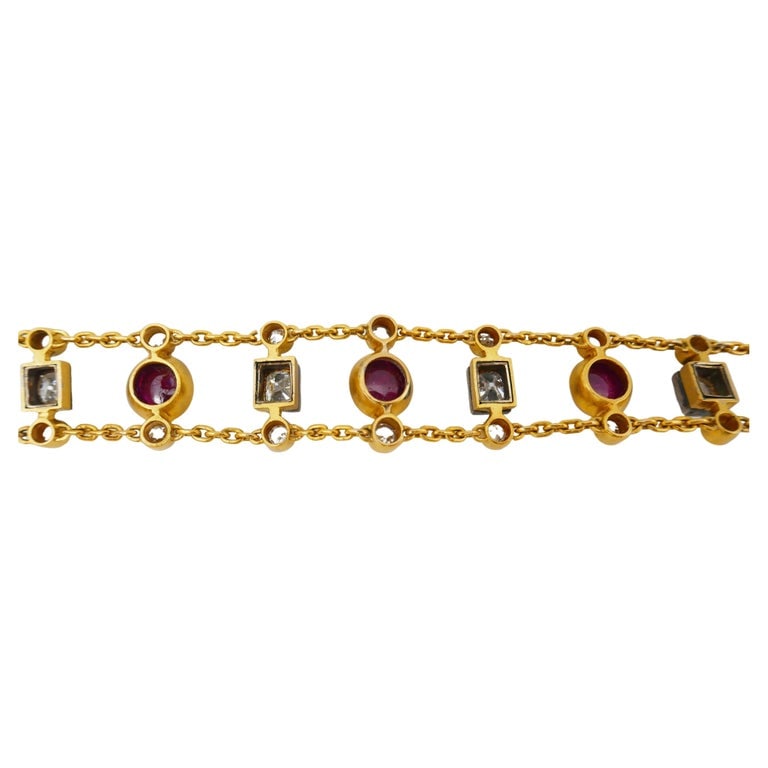 Antique Ruby Diamond Gold Chain Bracelet - 6