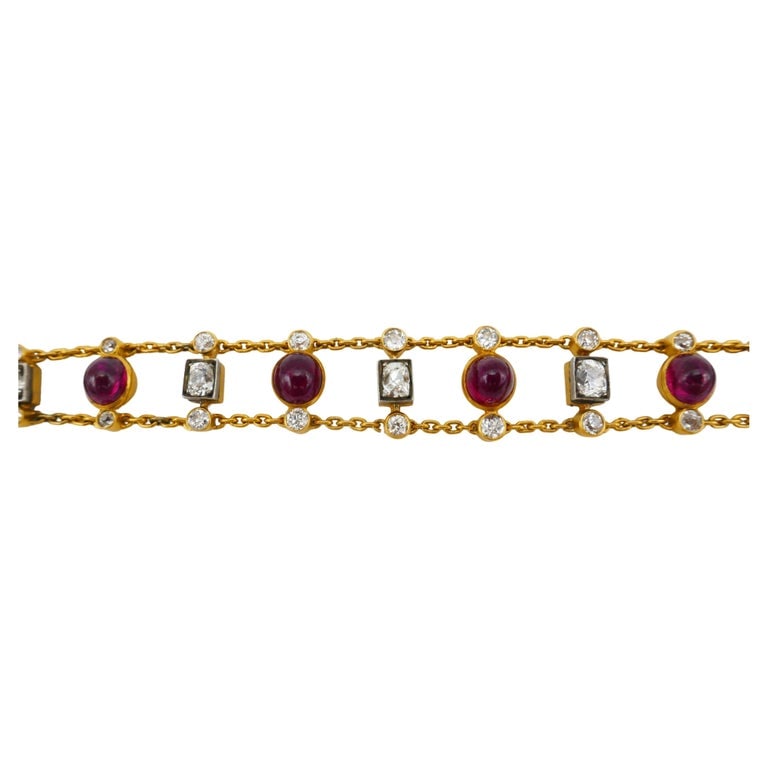 Antique Ruby Diamond Gold Chain Bracelet - 7