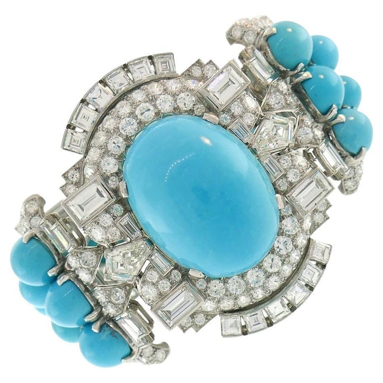 Vintage Trabert & Hoeffer-Mauboussin Bracelet Platinum Persian Turquoise Diamond: Title: Vintage Trabert & Hoeffer-Mauboussin Bracelet Platinum Persian Turquoise Diamond Description: Outstanding Art Deco Revival bracelet created by Trabert & Hoeffer-Mauboussin in the 1930s. Made of