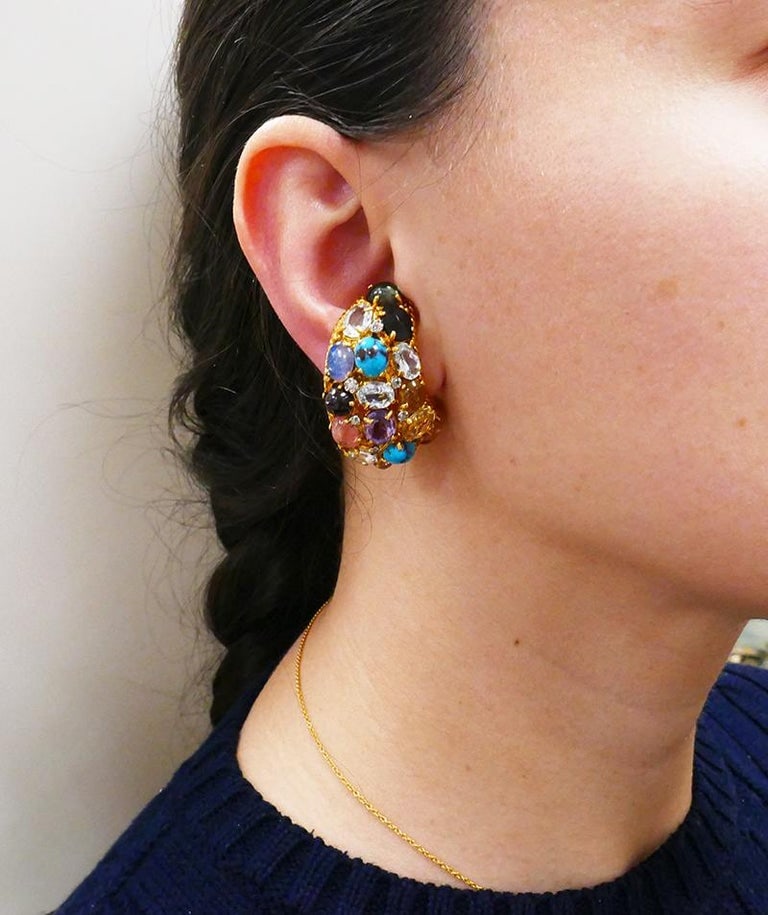 Vintage French 18k Gold Gemstones Earrings Signed MBM - 2
