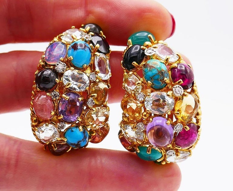 Vintage French 18k Gold Gemstones Earrings Signed MBM - 4
