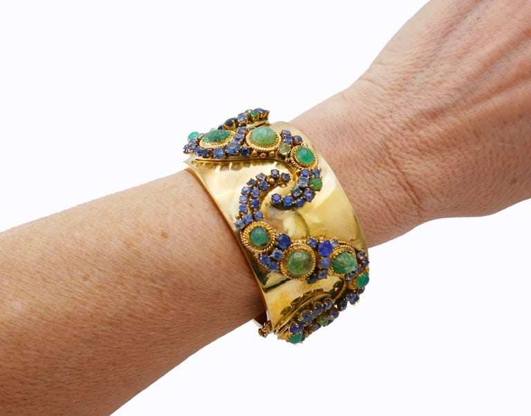 Vintage 14k Gold Bangle Bracelet Emerald Sapphire - 2