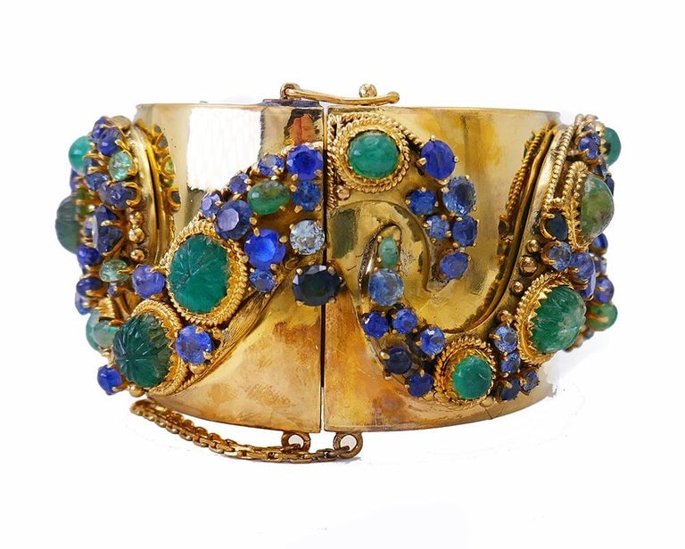 Vintage 14k Gold Bangle Bracelet Emerald Sapphire - 5