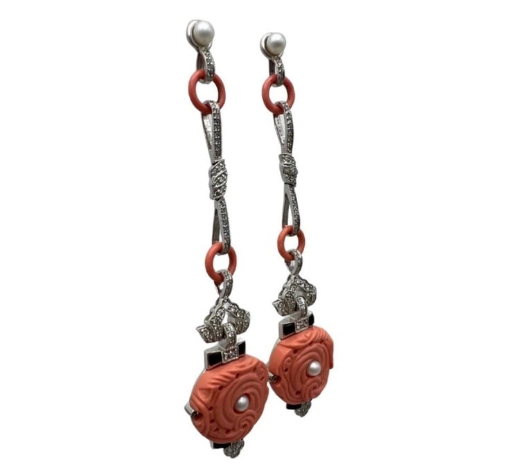 Art Deco White Gold Coral Diamond Pearl and Enamel Dangle Earrings - 2