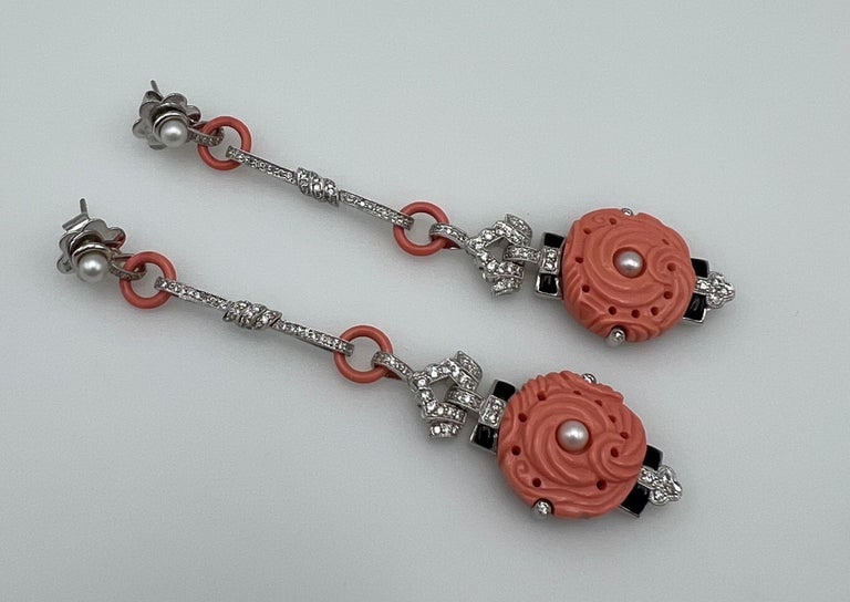 Art Deco White Gold Coral Diamond Pearl and Enamel Dangle Earrings - 4