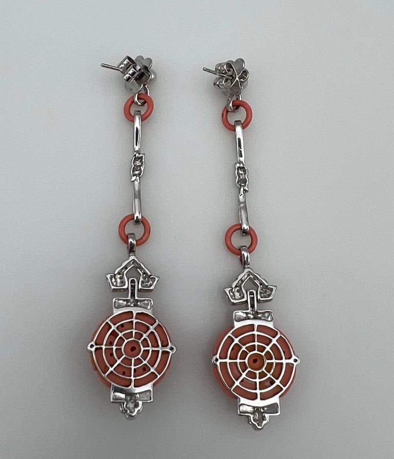 Art Deco White Gold Coral Diamond Pearl and Enamel Dangle Earrings - 6