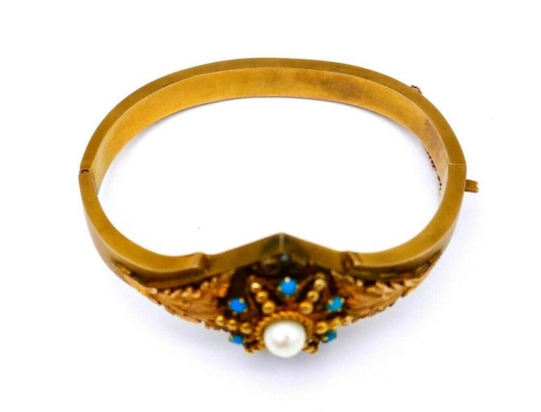 Antique 14k Gold Turquoise Pearl Bangle Bracelet - 2