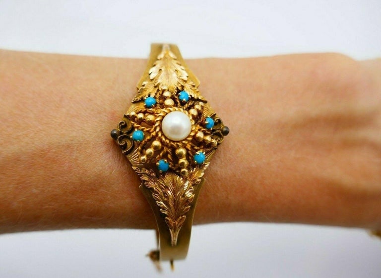 Antique 14k Gold Turquoise Pearl Bangle Bracelet - 4