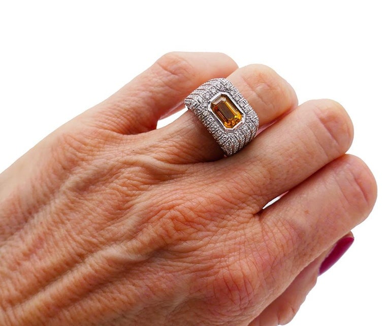 Vintage Yellow Sapphire Diamond 18k White Gold Ring Italy - 2