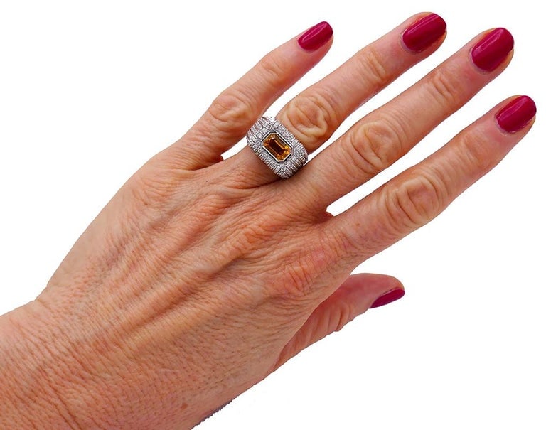 Vintage Yellow Sapphire Diamond 18k White Gold Ring Italy - 3