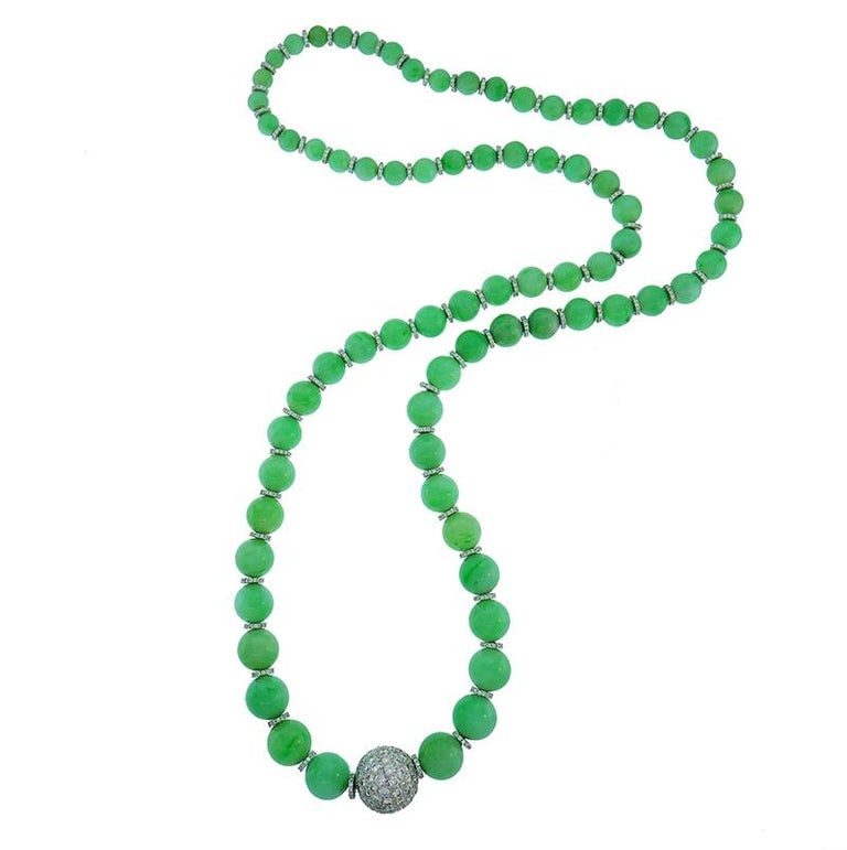 Vintage Jade Bead Necklace with Diamond 14k White Gold Rondelles and Clasp - 4