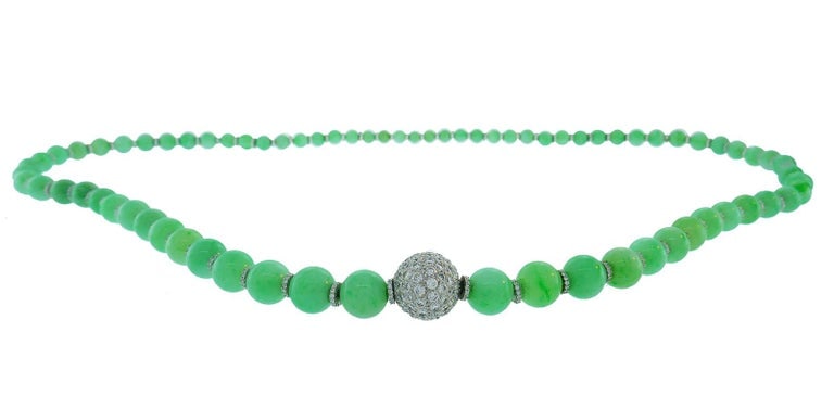 Vintage Jade Bead Necklace with Diamond 14k White Gold Rondelles and Clasp - 7