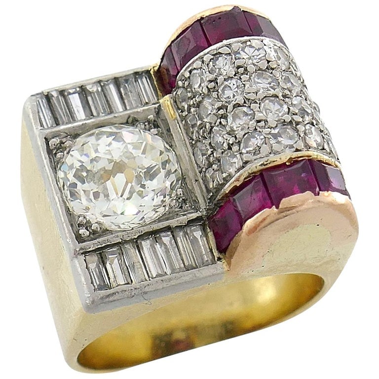 Jubilee Cut Diamond Ruby Gold Retro Ring: Title: Jubilee Cut Diamond Ruby Gold Retro Ring Description: Stunning Retro ring created in Europe in the 1940's featuring an exceptional rare cut diamond with the characteristics of both, rose and