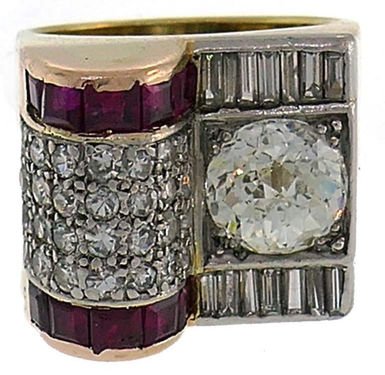 Jubilee Cut Diamond Ruby Gold Retro Ring - 4