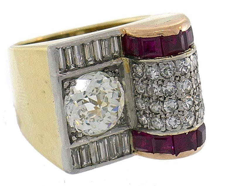 Jubilee Cut Diamond Ruby Gold Retro Ring - 9