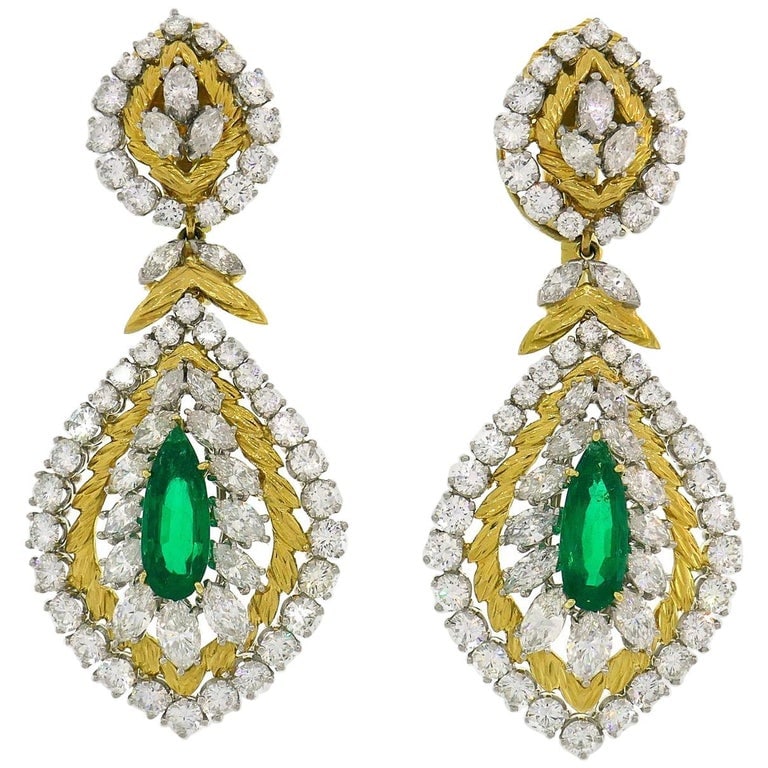 Vintage David Webb Earrings Emerald Diamond 18k Gold Day and Night Cross River (1 of 10)