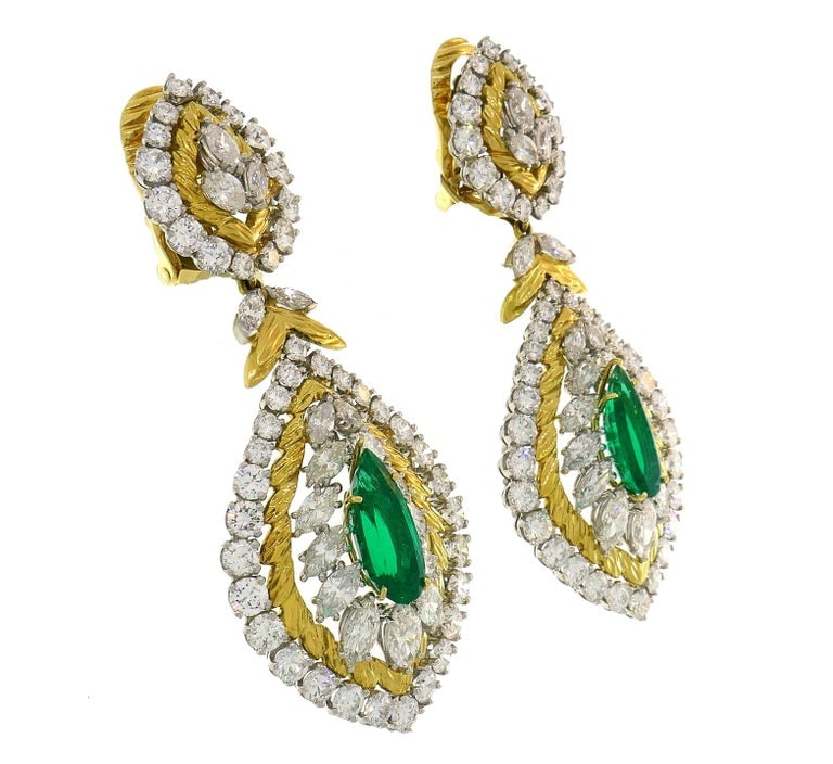 Vintage David Webb Earrings Emerald Diamond 18k Gold Day and Night Cross River - 5