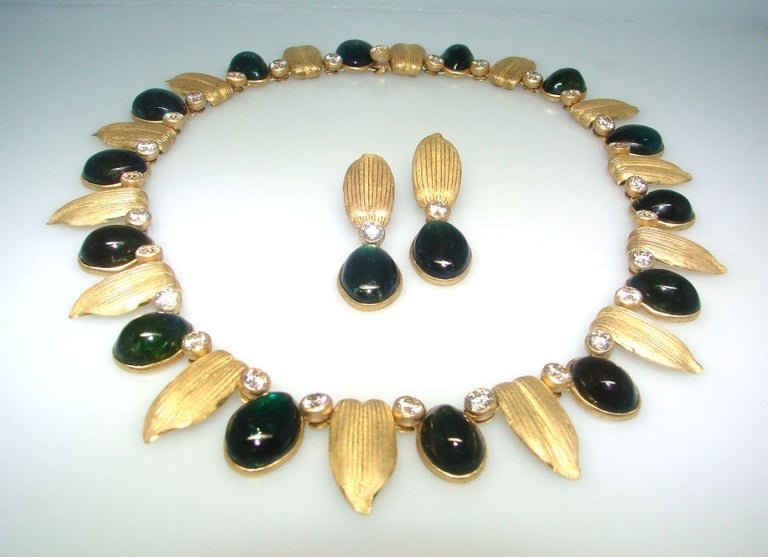 Buccellati Vintage 18k Gold Necklace Earrings Set Diamond Tourmaline - 2