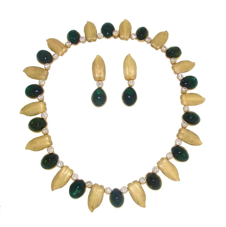 Buccellati Vintage 18k Gold Necklace Earrings Set Diamond Tourmaline - 3
