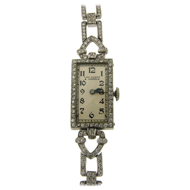 Van Cleef & Arpels Ladies Art Deco Wristwatch Platinum Diamond Manual Wind: Title: Van Cleef & Arpels Ladies Art Deco Wristwatch Platinum Diamond Manual Wind Description: Elegant and timeless jeweled Art Deco lady's watch created by Van Cleef & Arpels in the 1930s. The watch 
