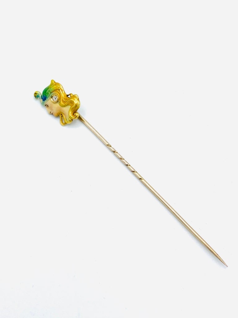 Art Nouveau Yellow Gold, Enamel and Diamond Stick Pin - 2