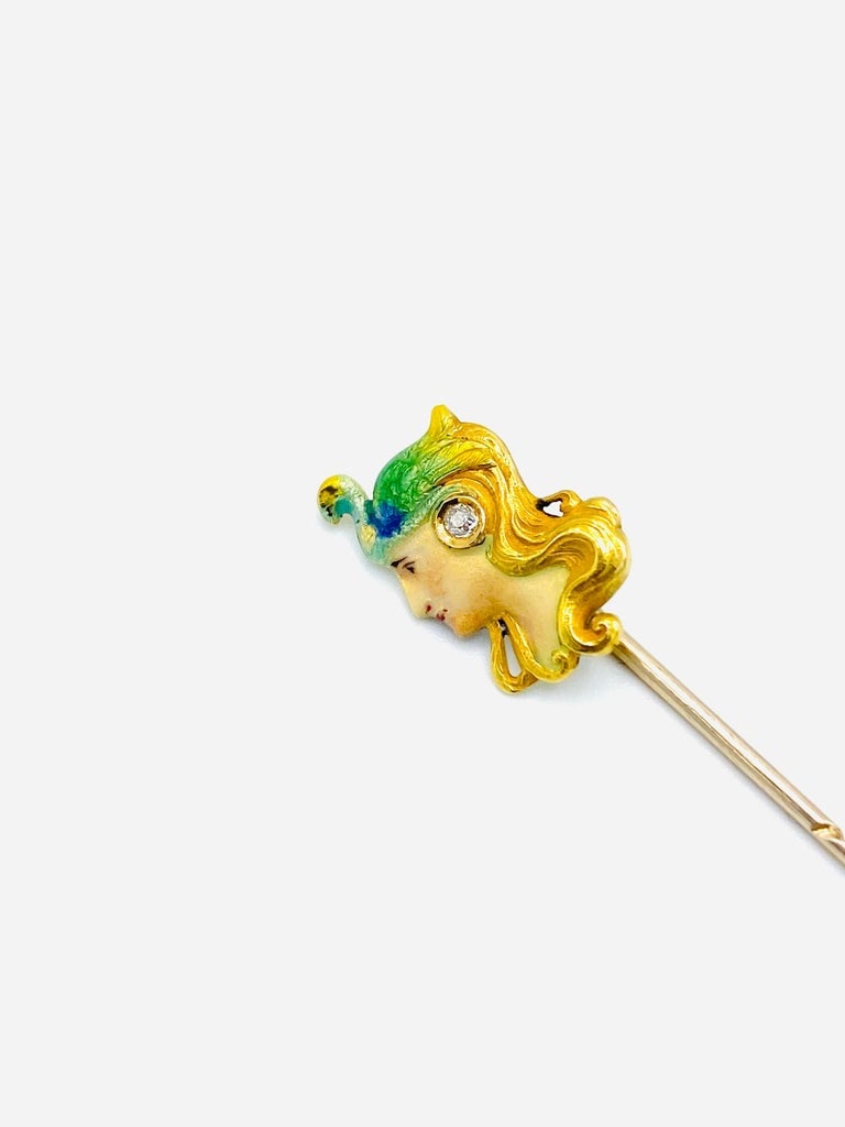 Art Nouveau Yellow Gold, Enamel and Diamond Stick Pin - 3
