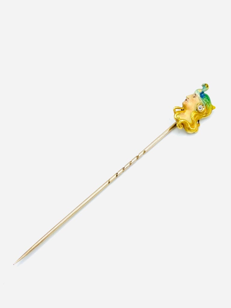 Art Nouveau Yellow Gold, Enamel and Diamond Stick Pin - 5
