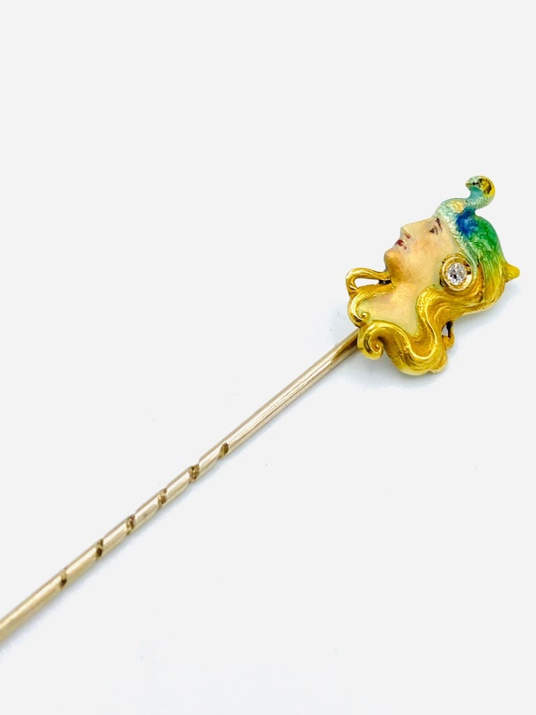 Art Nouveau Yellow Gold, Enamel and Diamond Stick Pin - 6