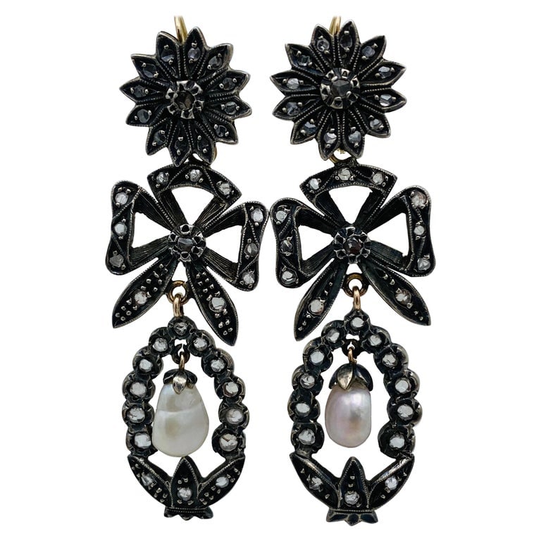 Georgian Gold and Silver, Rose Cut Diamonds and Pearl Day and Night Earrings: Title: Georgian Gold and Silver, Rose Cut Diamonds and Pearl Day and Night Earrings Description: Featuring floral motif, rose cut diamonds set in silver on the front and gold finish on the back with