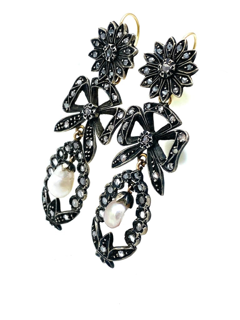 Georgian Gold and Silver, Rose Cut Diamonds and Pearl Day and Night Earrings - 2