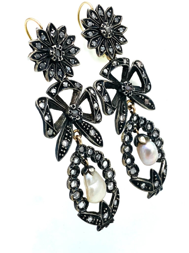 Georgian Gold and Silver, Rose Cut Diamonds and Pearl Day and Night Earrings - 3