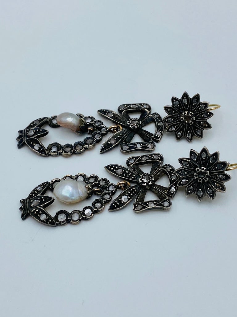 Georgian Gold and Silver, Rose Cut Diamonds and Pearl Day and Night Earrings - 5