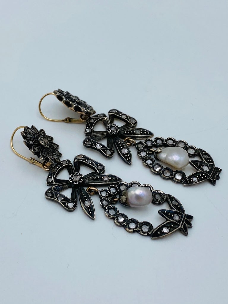Georgian Gold and Silver, Rose Cut Diamonds and Pearl Day and Night Earrings - 6