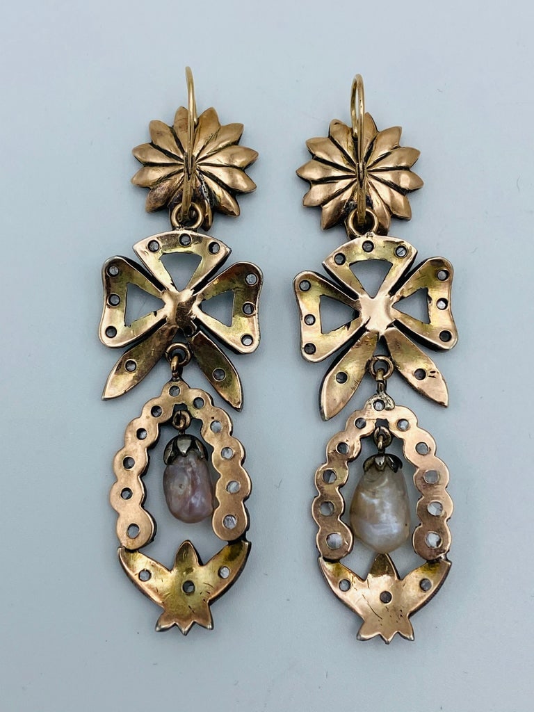 Georgian Gold and Silver, Rose Cut Diamonds and Pearl Day and Night Earrings - 7