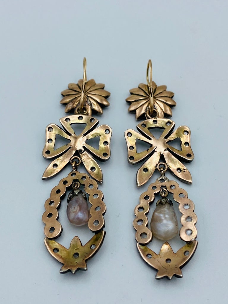 Georgian Gold and Silver, Rose Cut Diamonds and Pearl Day and Night Earrings - 8