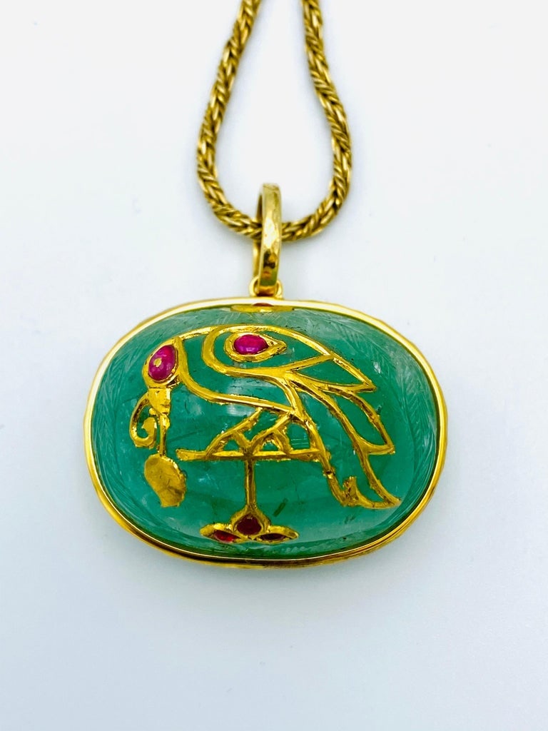 1930â€™s Yellow Gold, Carved Emerald and Ruby Pendant Chain Necklace - 4