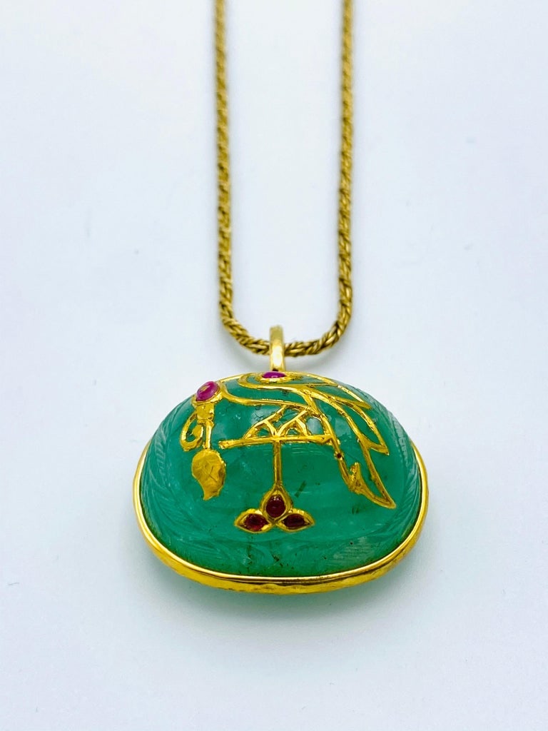 1930â€™s Yellow Gold, Carved Emerald and Ruby Pendant Chain Necklace - 5