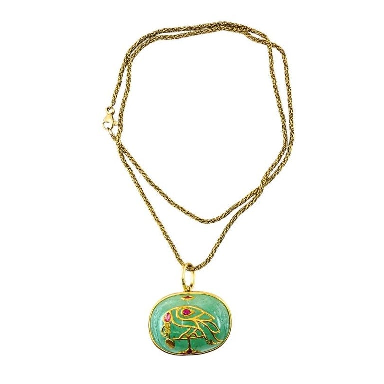 1930â€™s Yellow Gold, Carved Emerald and Ruby Pendant Chain Necklace - 7