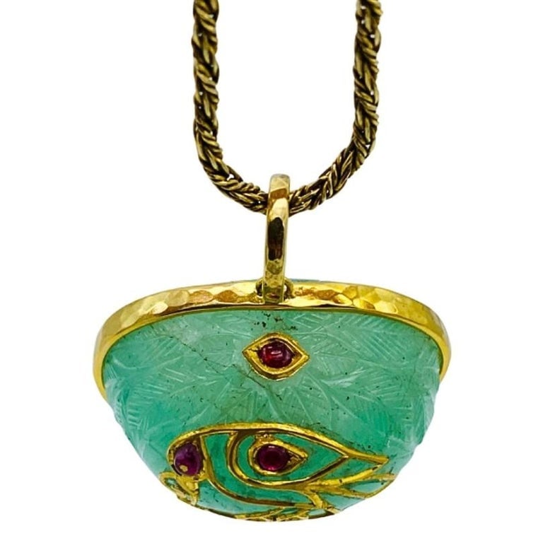 1930â€™s Yellow Gold, Carved Emerald and Ruby Pendant Chain Necklace - 9