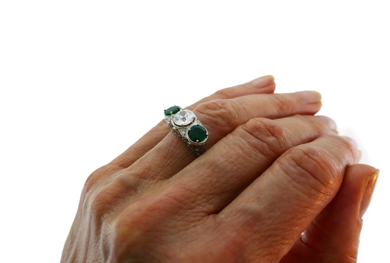 Art Deco Emerald Diamond Platinum Three-Stone Ring - 10