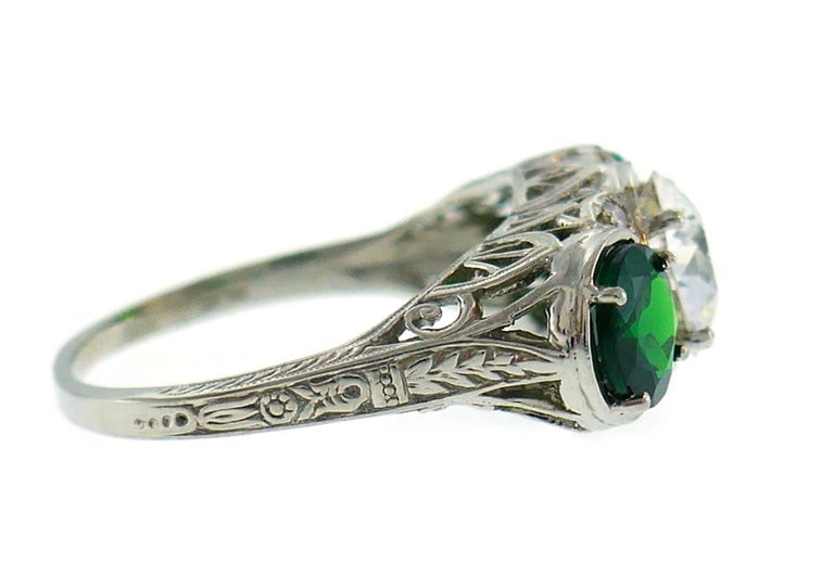 Art Deco Emerald Diamond Platinum Three-Stone Ring - 5