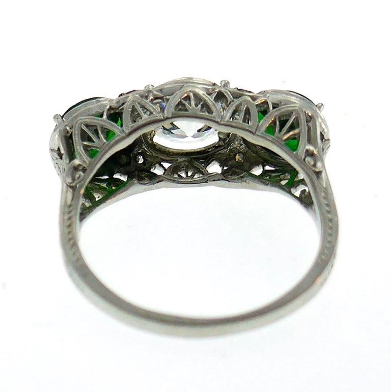 Art Deco Emerald Diamond Platinum Three-Stone Ring - 6