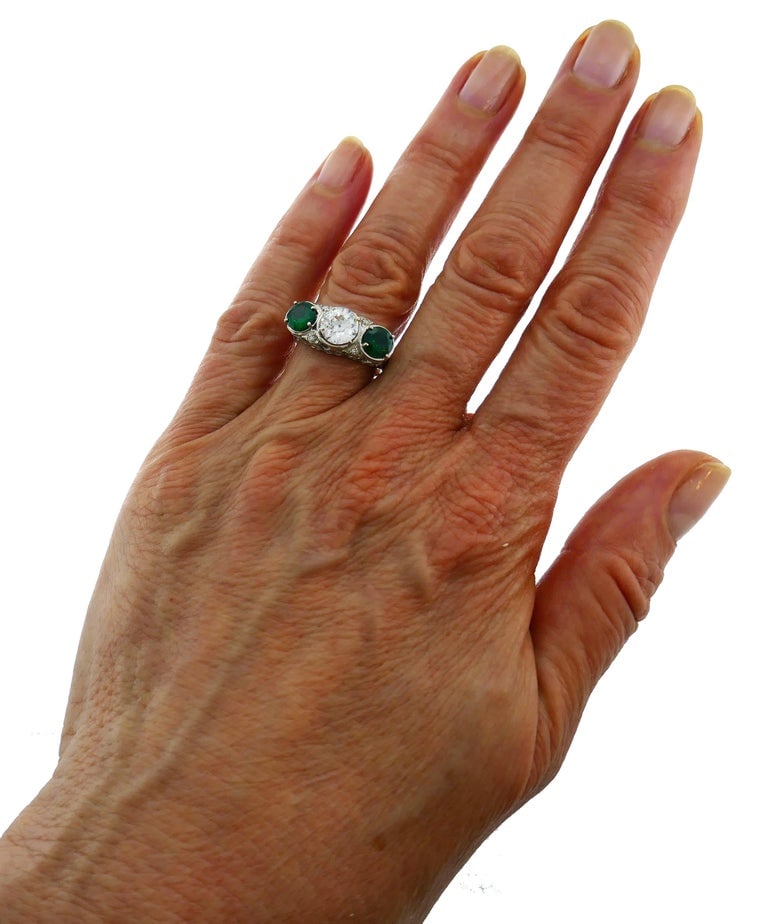 Art Deco Emerald Diamond Platinum Three-Stone Ring - 9