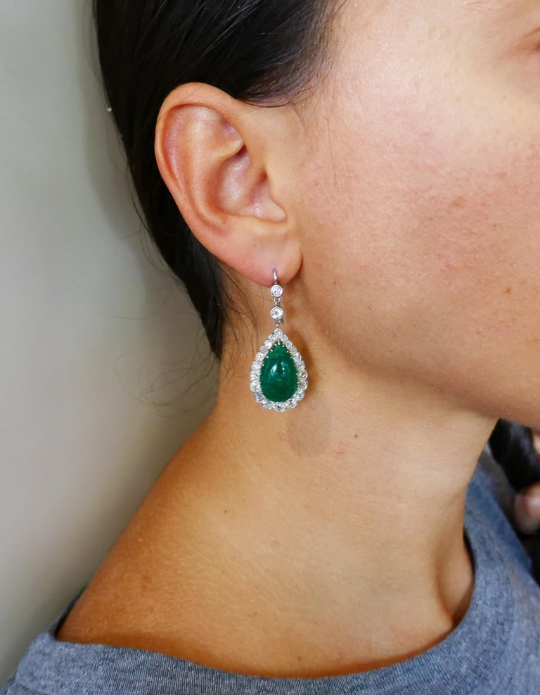 Victorian Emerald Diamond Dangle Earrings in Gold and Silver, Antique - 2