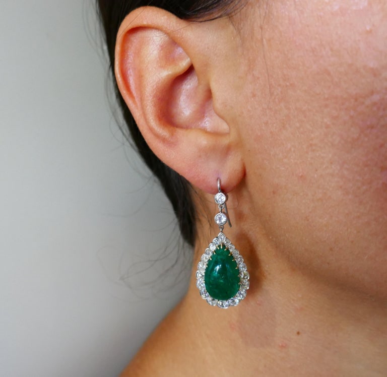 Victorian Emerald Diamond Dangle Earrings in Gold and Silver, Antique - 3