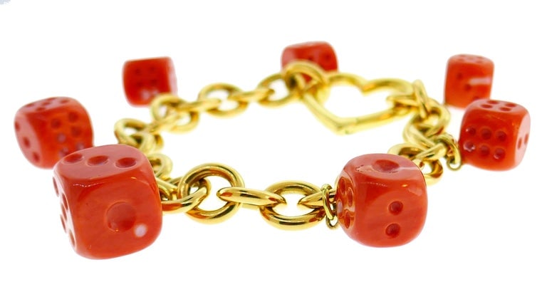 Tiffany & Co. Yellow Gold Coral Dice Charm Bracelet - 4