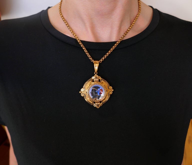 Victorian Enamel Painting Gold Pin Brooch Necklace Pendant - 2