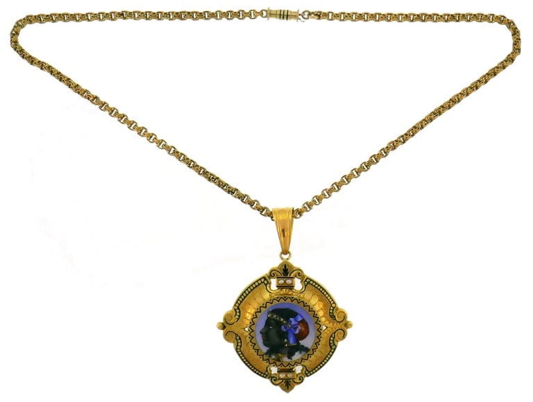Victorian Enamel Painting Gold Pin Brooch Necklace Pendant - 3