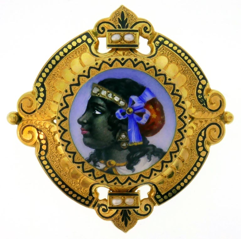 Victorian Enamel Painting Gold Pin Brooch Necklace Pendant - 4